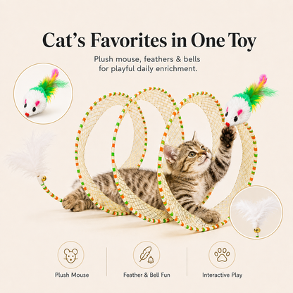 Interactive Spiral Cat Tunnel with Feather & Plush Mouse Toys