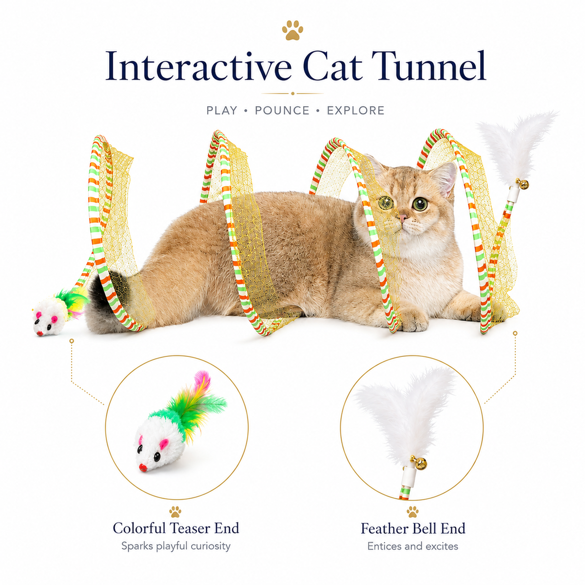 Interactive Spiral Cat Tunnel with Feather & Plush Mouse Toys