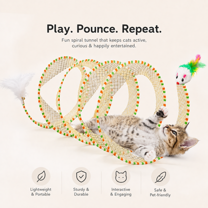 Interactive Spiral Cat Tunnel with Feather & Plush Mouse Toys