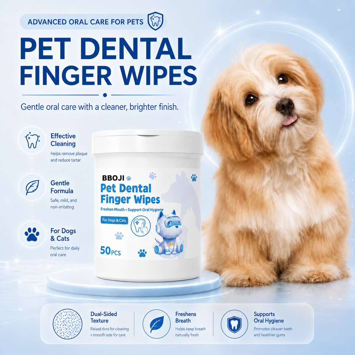 No Brush, No Battle.Dual-Sided Pet Dental Wipes for Dogs & Cats